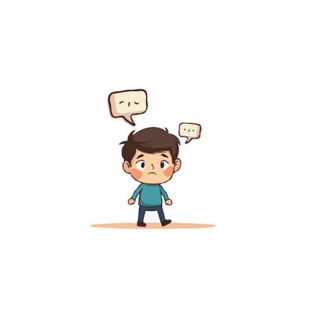This illustration portrays a thoughtful young boy, standing alone and contemplating future choices. Speech bubbles hover above him, representing his internal dialogue and uncertainty aboutのイラスト素材