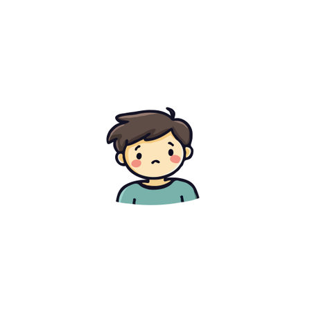 This vector illustration depicts a cute cartoon boy with a slightly sad expression. The simple drawing style emphasizes the child's innocent features and melancholic mood. Ideal for illustratingのイラスト素材