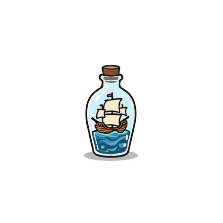 A charming depiction showcases a delicate sailing ship encased within a glass bottle, symbolizing journeys contained and dreams bottled up. The contrast between the vast ocean and the limited spaceのイラスト素材