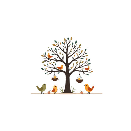 Charming illustration featuring an autumn tree adorned with nesting baskets and delightful birds. The artwork evokes a sense of gentle tranquility and the peacefulness of nature, perfect for addingのイラスト素材