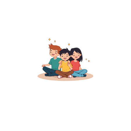 Illustration showing three charming cartoon children sitting cross-legged together, embodying feelings of friendship and togetherness. The image evokes a sense of innocence, joy, and close bondingのイラスト素材