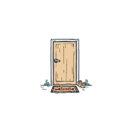 A charming hand-drawn illustration shows a closed door with a welcome mat placed in front, creating a warm and inviting atmosphere. The artistic style lends a sense of homely comfort and simplisticのイラスト素材