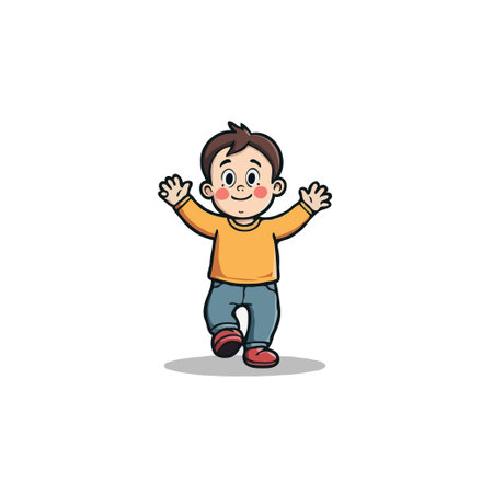 A delightful cartoon illustration features a cheerful little boy with raised hands, creating a welcoming and happy atmosphere. The simplicity of the design adds to its cuteness, making it perfectのイラスト素材