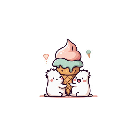A charming cartoon illustration features two small, fluffy creatures hugging a large ice cream cone. The scene evokes a sense of joy, friendship, and shared sweetness, with soft pastel colors andのイラスト素材