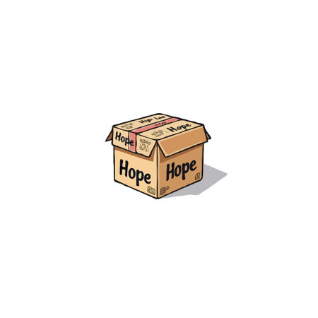 A single cardboard box labeled 'Hope' in a symbolic representation. It conveys themes of optimism,...