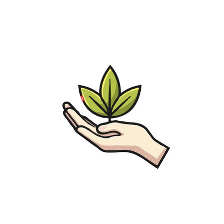 A stylized illustration of a hand tenderly holding a fresh green sprout, symbolizing growth, sustainability, and care for the environment. It evokes concepts of new beginnings, hope for the future,のイラスト素材