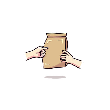 Whimsical cartoon depiction shows hands involved in an exchange involving brown paper package. This vector illustration conveys concepts of service, commerce, or gifting in an appealinglyのイラスト素材