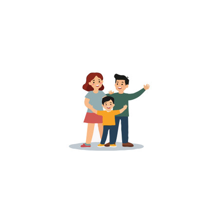 This illustration portrays a happy family, including parents and a child, radiating togetherness and love. The characters' smiling faces and cheerful waving signify joyous moments and strong familyのイラスト素材