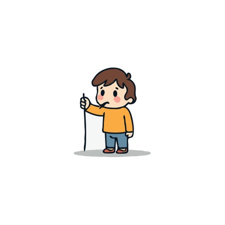 A charming cartoon illustration depicts a small boy standing thoughtfully, holding a stick. Rendered in a simple, clean style, evokes a sense of childhood curiosity. Perfect for adding a touch ofのイラスト素材