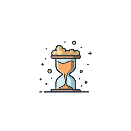 This illustration features a stylized hourglass with a cloud atop, symbolizing time elapsing. The...