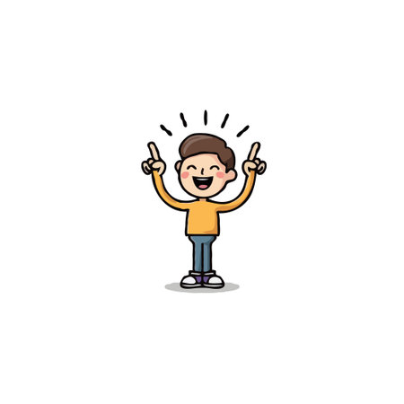 Cartoon illustration featuring an enthusiastic boy happily pointing upwards with both fingers. The...