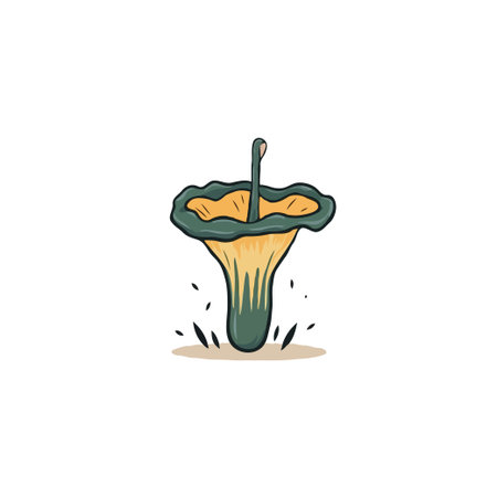 Detailed whimsical illustration of a stylized mushroom showcasing its unique stem and distinctive cap, set against a pristine white surface. The illustration highlights nature's detail throughのイラスト素材