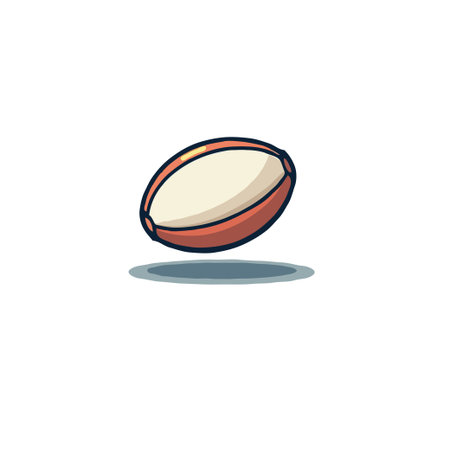 A clean, stylized vector illustration presents a rugby ball in shades of brown and beige. The ball appears to float slightly above a cast shadow, set against a plain backdrop, highlighting theのイラスト素材