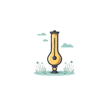A charming illustration portrays a thermometer standing on grassy land under a soft, pastel sky with...