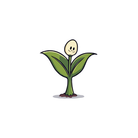 A delightful cartoon plant character with a cheerful expression, illustrating growth and development. The whimsical sprout features a small face, green leaves, and a stem, conveying freshness andのイラスト素材
