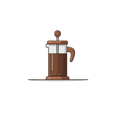 A minimalist illustration showcases a brown French press coffee maker, exuding modern simplicity. With clean lines and warm tones, the design evokes a sense of comfort and handcrafted tradition,のイラスト素材