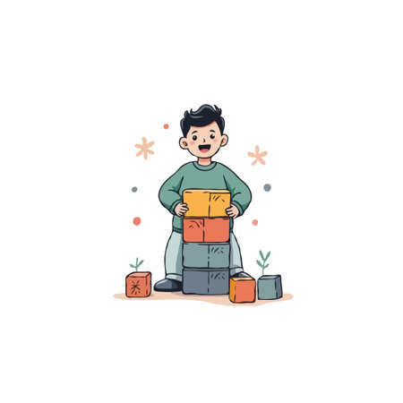 An enchanting vector illustration depicts a young boy joyfully building with vibrantly colored blocks, fostering creativity and development. The cartoon style adds a charming, youthful touch,のイラスト素材