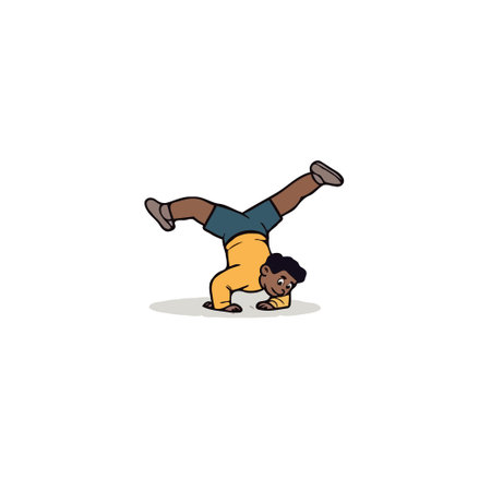 An inviting cartoon style illustration shows a cheerful young boy doing a handstand. The playful...