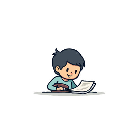 A delightful cartoon illustration shows a young boy absorbed in studying documents at his desk. With focused determination, he immerses himself in learning, demonstrating dedication and a thirst forのイラスト素材