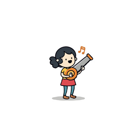 A delightful cartoon illustration features a cheerful girl playing a unique tin can guitar. Her joyous expression and the whimsical nature of the instrument create a sense of fun and innocentのイラスト素材