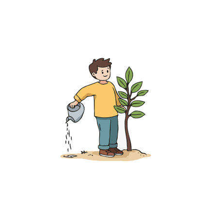 Illustration depicts a young boy tenderly watering a newly planted sapling, symbolizing the importance of nurturing nature and fostering growth, representing care for environment and the futureのイラスト素材