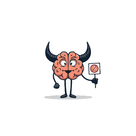 A whimsical cartoon brain character with horns holds a sign indicating restriction, visualizing limitations in thinking. This playful illustration symbolizes the constraints on cognitive processesのイラスト素材