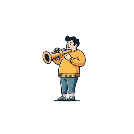 A delightful illustration of a young man passionately playing his trumpet. The artwork captures a sense of musical expression. It can be used for music education and represents the joy of makingのイラスト素材