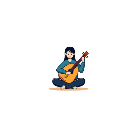 A young girl is serenading soulfully strums her guitar, her music emanating a profound sense of joy and relaxation. She embodies musical passion in her simplicity, creating harmonious melodies. Thisのイラスト素材