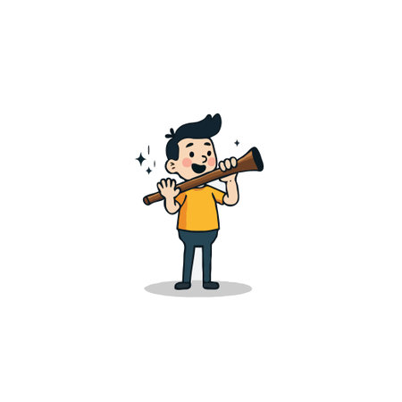 An animated illustration depicts a joyful boy playing a wooden wind instrument with enthusiasm. He holds the instrument with a sense of glee, as if lost in the melody and music. The artwork capturesのイラスト素材
