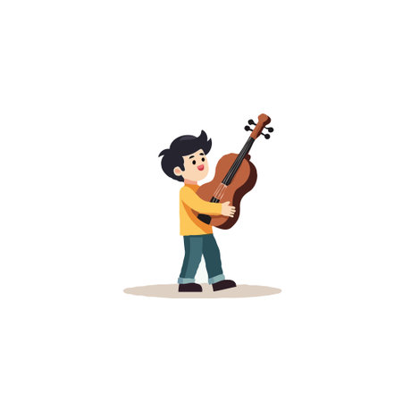 A cheerful young musician hugs his guitar, showcasing the dedication and joy derived from mastering his craft. The illustration captures youthful enthusiasm and the creative spirit ignited by music.のイラスト素材