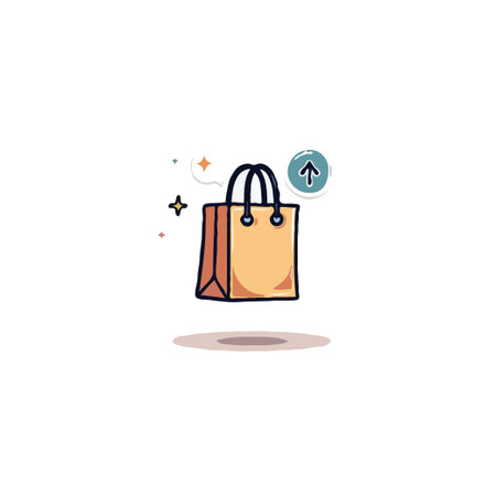 A whimsical icon illustration showcases a shopping bag gently floating, accompanied by an up arrow signifying an easy, convenient, and uplifting online buying experience. The design evokes a senseのイラスト素材