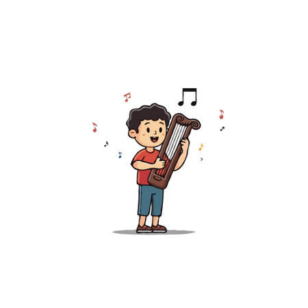A delightful cartoon depiction of a young boy passionately playing a harp, surrounded by musical notes that float through the air. This image conveys the joy of music, expressing harmony and rhythmのイラスト素材