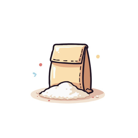 A whimsical, cartoon-style image shows a beige sack, casually open, with a mound of refined white powder spilling out. This could represent sugar, flour, or another powdery substance. The sceneのイラスト素材
