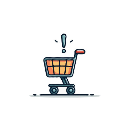 A clean illustration depicts a shopping cart accented with an exclamation mark. This image serves as a visual metaphor for important alerts, exclusive promotions, or urgent reminders in the world ofのイラスト素材