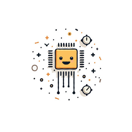 This adorable cartoon chip illustration perfectly captures the essence of technological advancement through a modern, clean design. Featuring a cute smiley face, it effectively conveys innovationのイラスト素材