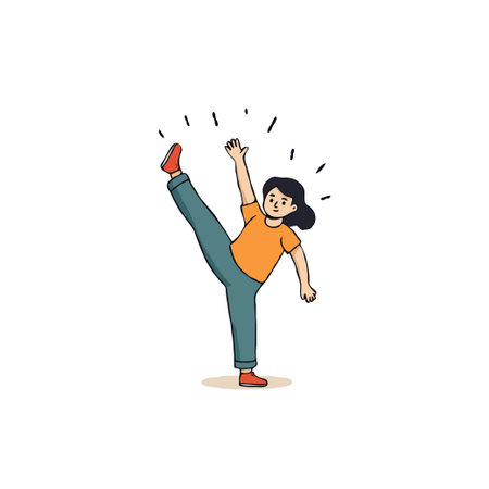 A stylized cartoon illustration depicts a woman in a dynamic stretching pose, her leg extended upwards and arm raised. The artwork's clean lines and simple colors convey a sense of health, movement,のイラスト素材