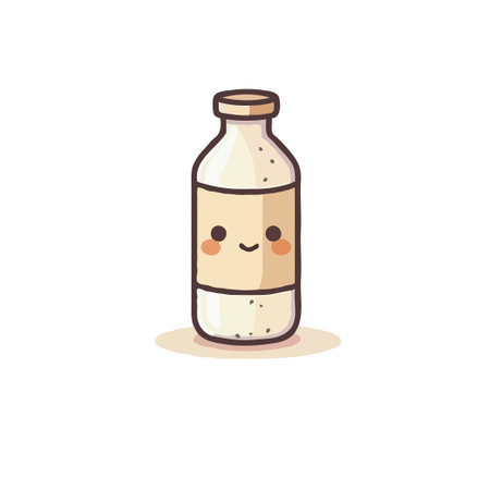 A charming illustration depicts a kawaii milk bottle exuding pure joy. The bottle's cheerful facial expression and simple design create a sense of freshness and innocence, making it an appealing andのイラスト素材