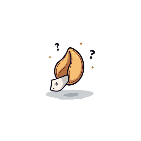 A charming illustration of a fortune cookie, slightly cracked open to reveal the slip of paper inside. Question marks float around it, hinting at the mystery of the future and the element ofのイラスト素材