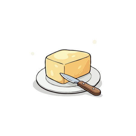 A cube of butter rests invitingly on a petite plate, accompanied by a knife poised for spreading. This charming cartoon illustration evokes feelings of culinary delight and simple pleasures,のイラスト素材