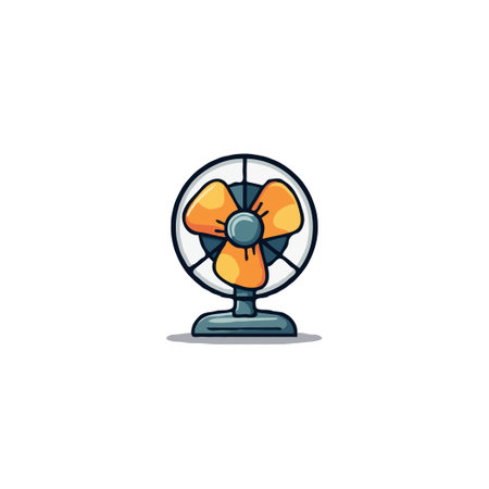 A whimsical and stylized illustration of a fan sits against a plain background.  This fan emits a sense of retro charm and simplicity, promising a refreshing breeze and coolness against the heatのイラスト素材