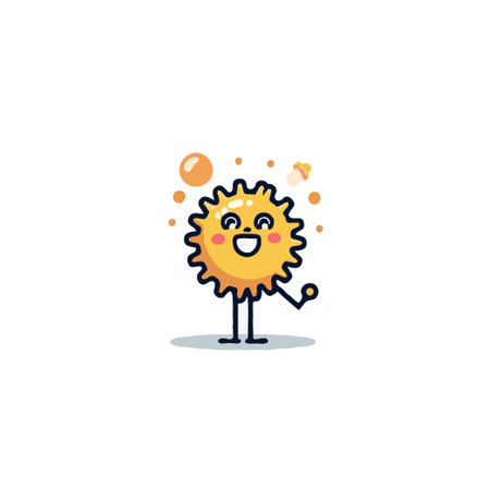 This cheerful illustration features a cute sun character radiating happiness. The bright, sunny design evokes a sense of joy and warmth. This simple yet vibrant image is perfect for adding a playfulのイラスト素材