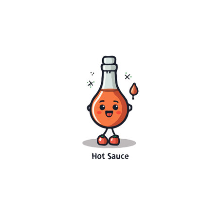 An endearing illustration features a happy hot sauce bottle character, complete with eyes, a smile, and a single falling drop of its essence. The character stands on small legs with vibrant feet,のイラスト素材