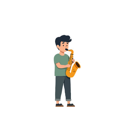 A young boy stands playing a saxophone radiating joy in a simple yet expressive illustration conveying the essence of childhood exploration and creativity, he is practicing his passion to become anのイラスト素材