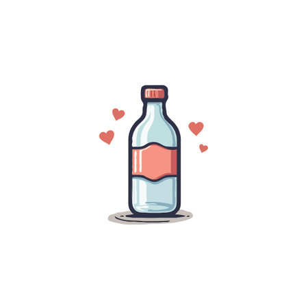 An endearing image presents a stylish bottle of clear liquid, possibly water, gently embraced by tiny, vibrant hearts, creating a delightful and heartfelt composition that radiates purity, love, andのイラスト素材