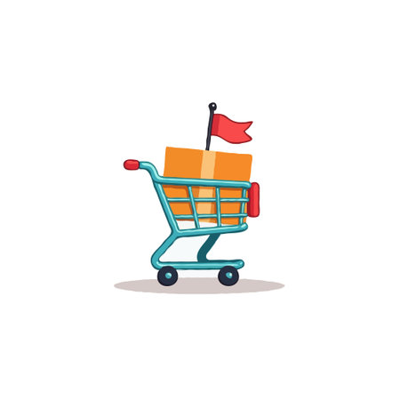 Whimsical vector illustration depicting a light blue shopping cart, carrying a brown box adorned with a small red flag. Signifying delivery, online shopping, and convenient transactions, the imageのイラスト素材