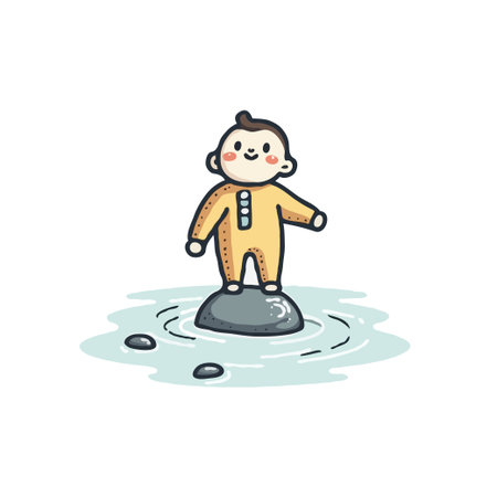 An adorable cartoon character fearlessly stands on a small rock in calm waters. The cheerful illustration conveys a sense of carefree adventure and childlike wonder, capturing a moment of playfulのイラスト素材