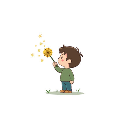 A charming illustration depicts a young boy holding a dandelion as a magic wand, scattering glistening stardust. The scene captures the essence of childhood wonder, imagination, and the simple joysのイラスト素材