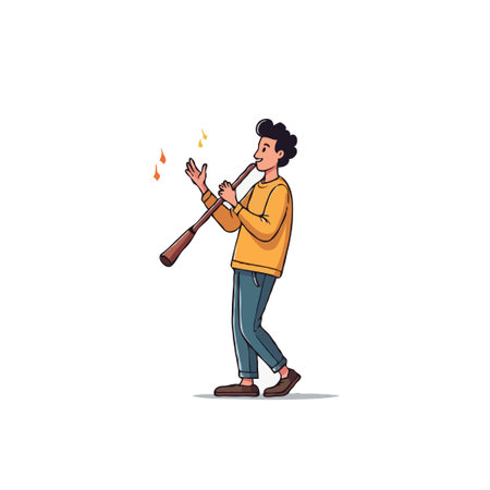 A young man is playing the flute with a cheerful expression. The artwork uses a minimalist style, focusing on the musician and his instrument. It evokes a sense of joy, harmony, and musicalのイラスト素材