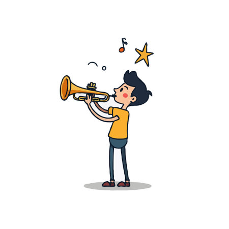 This joyful cartoon depicts a young musician with enthusiasm playing his shiny trumpet. Musical notes and stars float around him showing the happiness he finds in his creative performance. Perfectのイラスト素材
