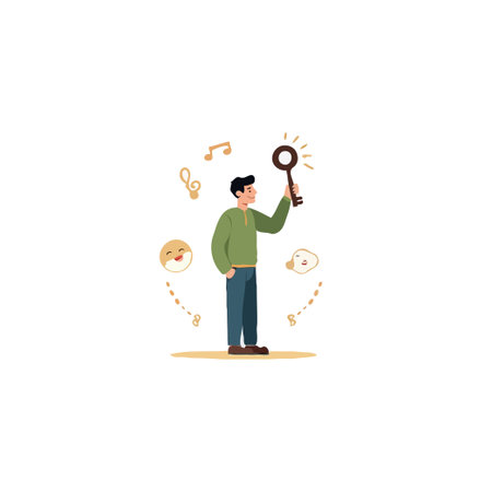 A man holds a radiant key, symbolizing unlocking potential and finding solutions. Surrounded by musical notes and emotional icons, the illustration conveys a positive outlook on the future, growth,のイラスト素材